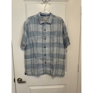 Tommy‎ Bahama Linen Plaid Shirt M Blue Short Sleeve Button Down Vacation Cruise